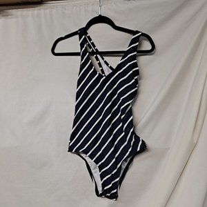 Kona Sol Women's Slanted One Piece Swimsuit Navy Stripe Medium Coverage)